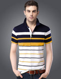 Striped Men Polo Neck White T-Shirt Auto-Striper White-DarkNavy-Mustard