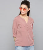 Casual Roll-up Sleeve Solid Women Pink Top Pink