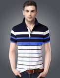 Striped Men Polo Neck White T-Shirt Auto-Striper White-DarkNavy-IndigoRoyal