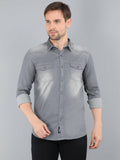 Men Washed Casual Blue Shirt Grey